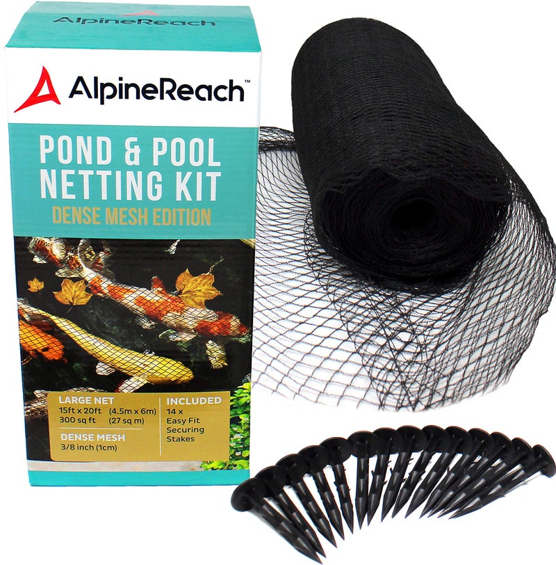 AlpineReach Koi Pond Netting Kit 15 x 20 ft Black Heavy Duty Woven Fine Mesh Net Cover for Leaves - Protects Koi Fish from Blue Heron Birds, Cats & Predators â€“ Reusable & Stakes Included - Image 1